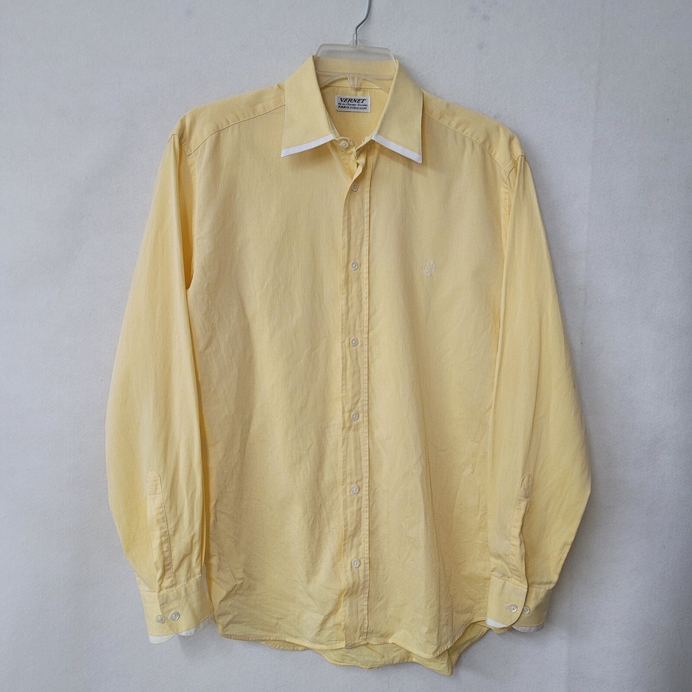Vernet Button Down Shirt‎ Mens 15.75 Yellow Micro Check Contrast Trim France